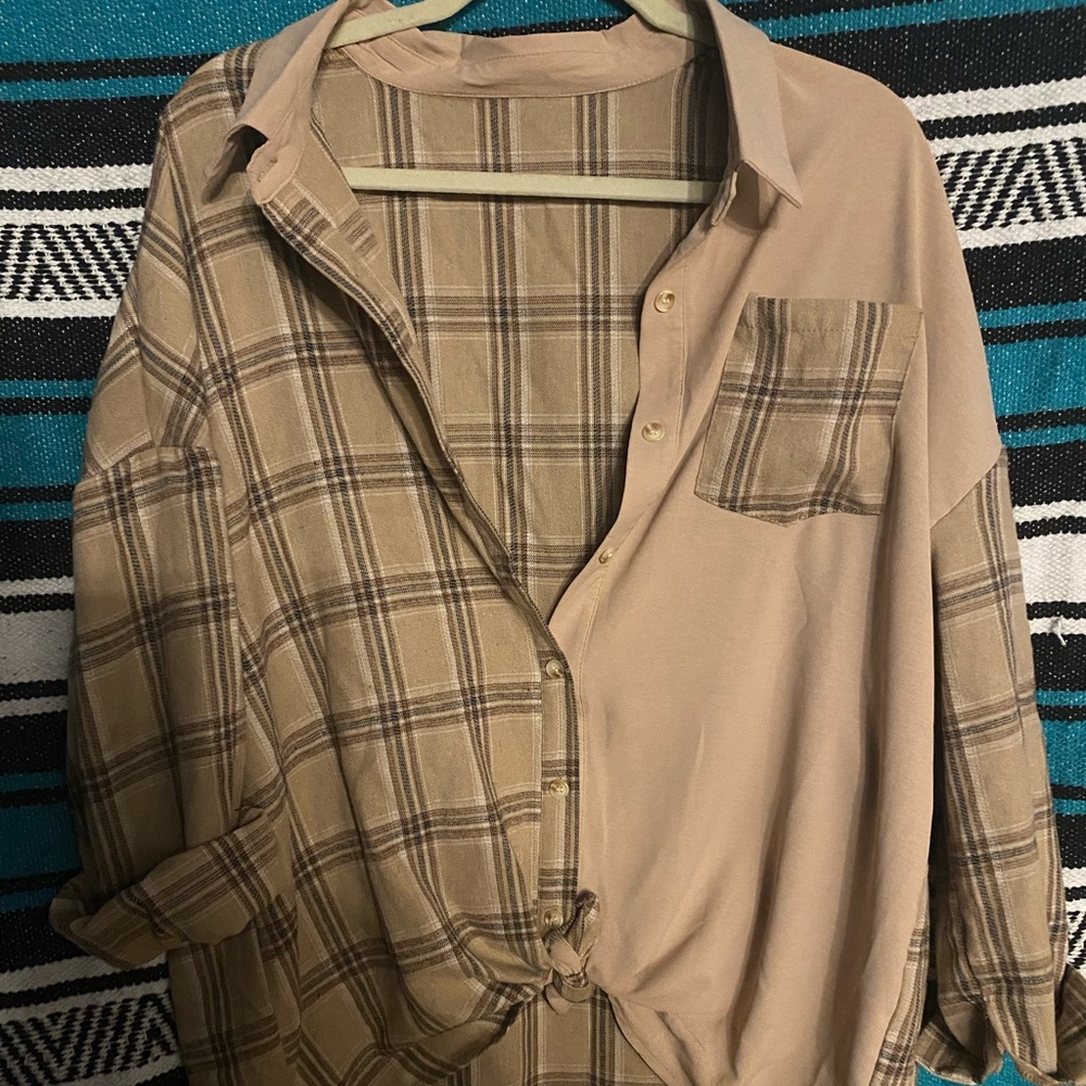 Brown flannel like button down top ties in front